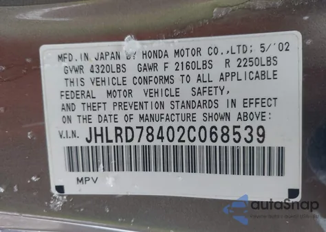 2002 Honda Cr-V Lx z USA, uszkodzony, nr VIN JHLRD78402C068539